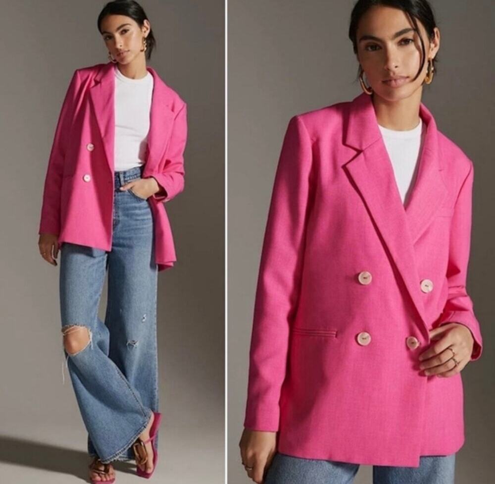 Maeve Anthropologie Fuchsia Pink Double Breasted Blazer Oversized Sz 0